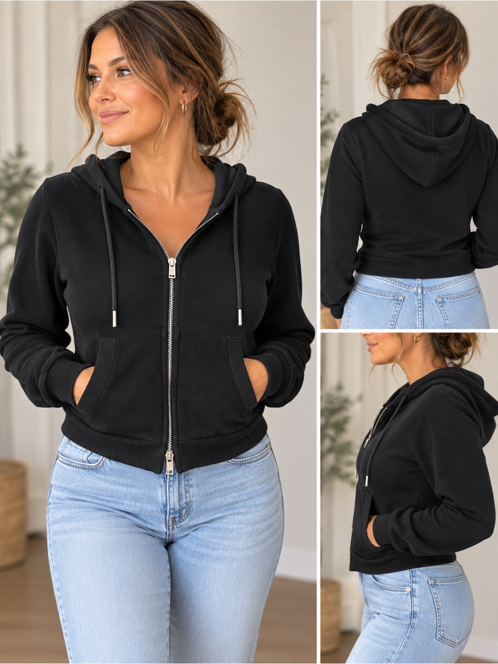ZARA Black Cropped Zip-Up Hoodie NWOT Size M